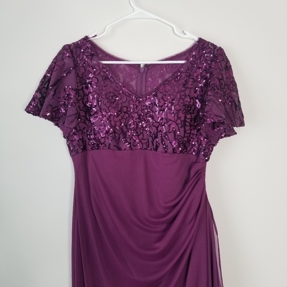 Alex Evenings Sequin Lace & Ruched Chiffon Gown Plum Purple Size 10P - Picture 11 of 16